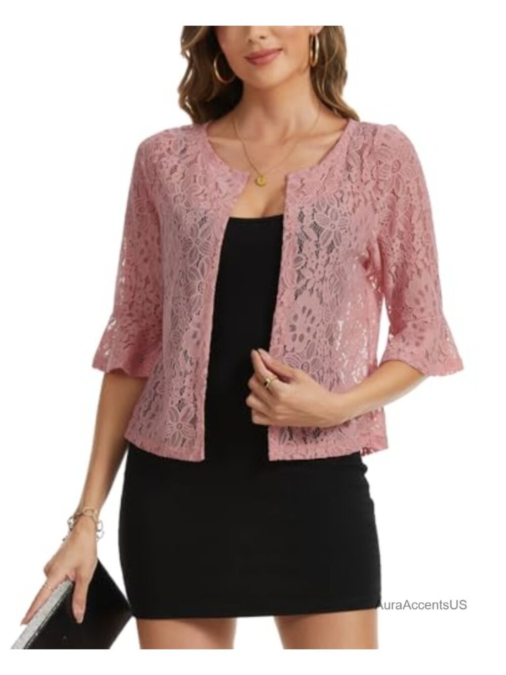 Women's Floral Lace Bolero Shrug 3/4 Sleeve Cropped Cardigan